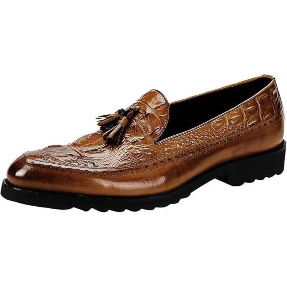 Santimon Men's US 9 Brown Leather‎ Alligator Print Tassel Loafer Slip On Shoes
